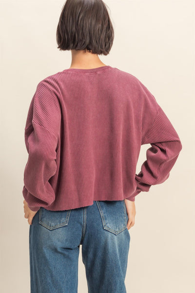 sweet applause mineral wash waffle knit top | dark cherry
