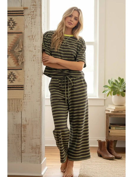 simply styled striped relaxed knit set | charcoal + lime