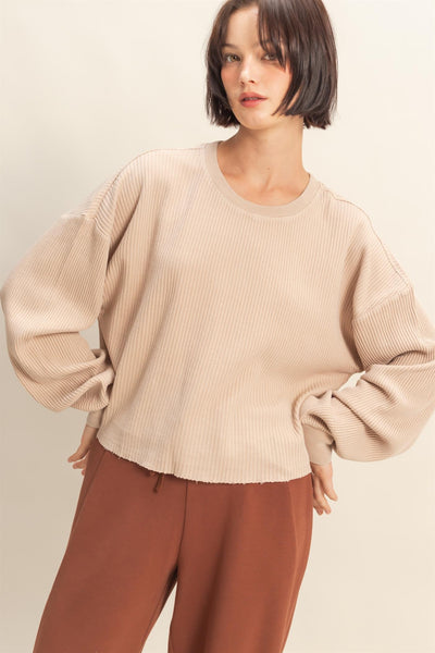 sweet applause mineral wash waffle knit top | dark taupe