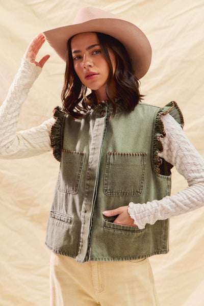 for the frill washed denim ruffle vest | lt olive + brown