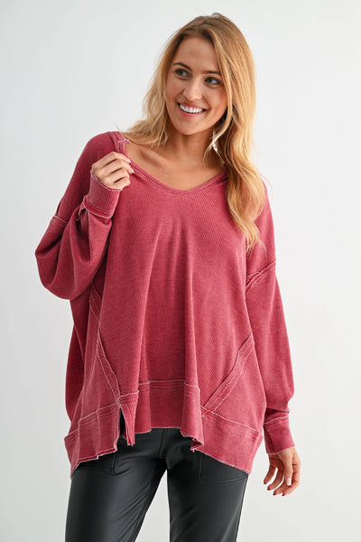 dream about you oversized waffle knit top | garnet red