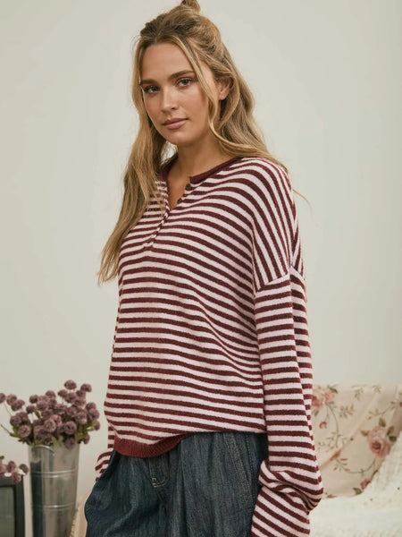 watch her work striped button henley | burgundy