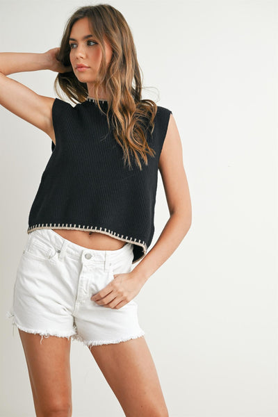 no second guessing sleeveless sweater | black + taupe