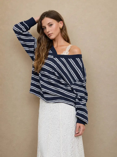 take it slow striped long sleeve knit top | navy