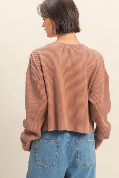 sweet applause mineral wash waffle knit top | chestnut