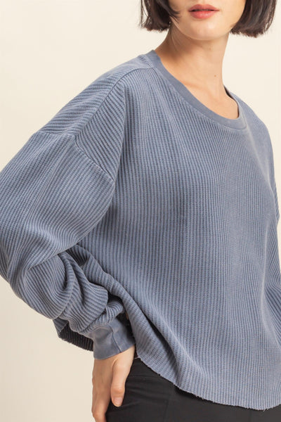 sweet applause mineral wash waffle knit top | dusty navy