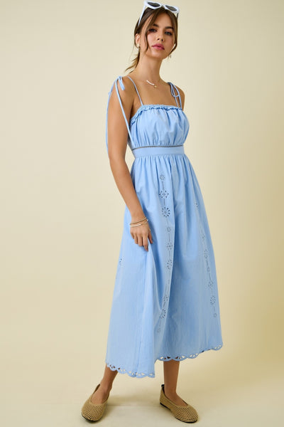 go with the glow embroidered lace trim sleeveless midi dress | powder blue