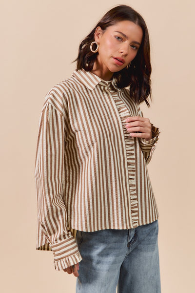 told you so striped ruffle button down top | brown