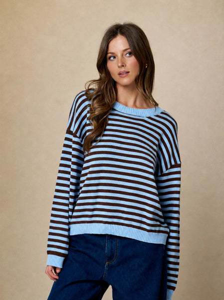 a better plan striped back button detail knit top | light blue