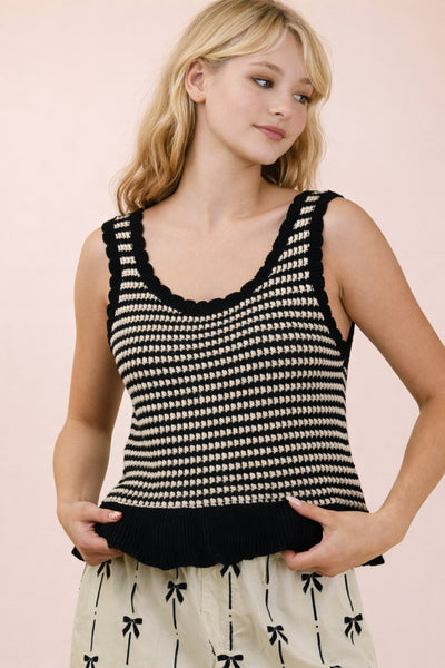 keep it coming striped ruffle hem sleeveless sweater | black