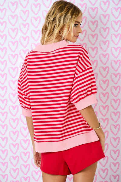 timeless type striped mock neck pullover | red + pink
