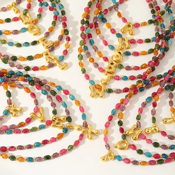 18K gold plated initial stone beaded necklace!