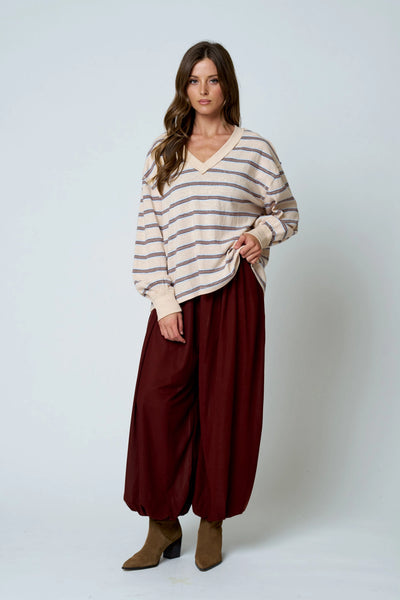 take it slow striped long sleeve knit top | oatmeal