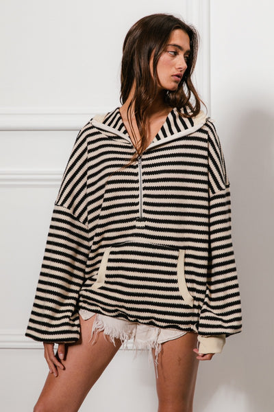 behind the scenes stripe knit hoodie | cream + black