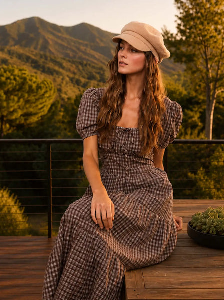 outskirts of town plaid corset tiered midi dress | mocha