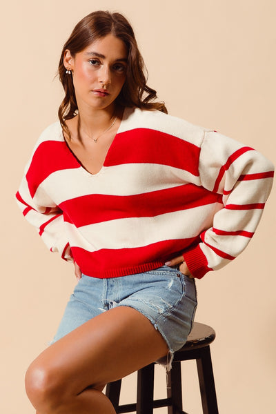 everything aligned striped knit sweater | red + ivory