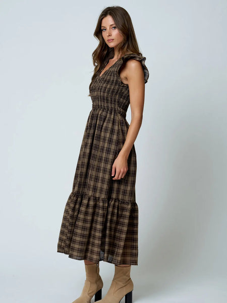 nothing more to say plaid smocked midi dress  | brown