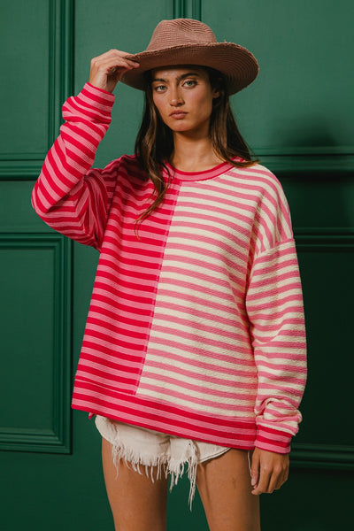 pulling heartstrings ribbed color block top | red + pink