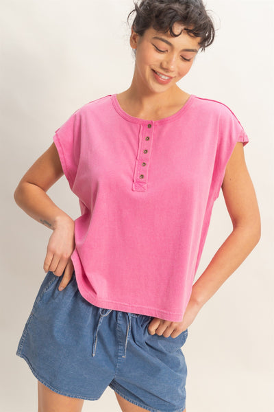 just my pick henley cap sleeve top | fuchsia
