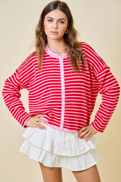left it at that striped cardigan | pink + red