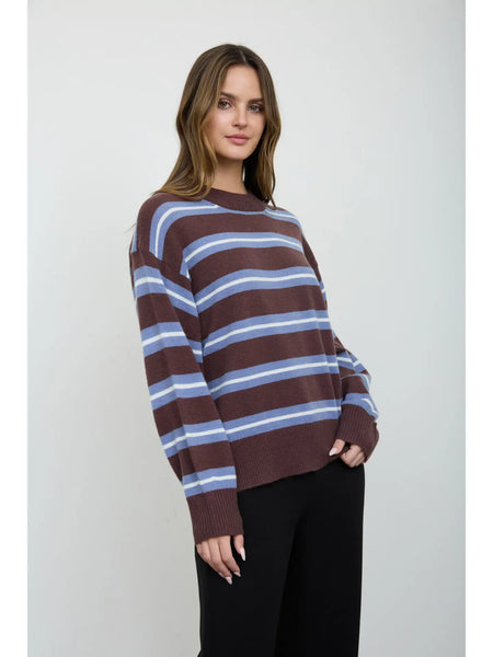 signature style striped relaxed knit pullover | brown + blue