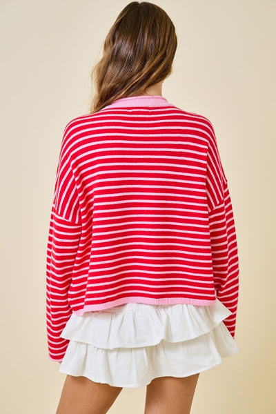 left it at that striped cardigan | pink + red