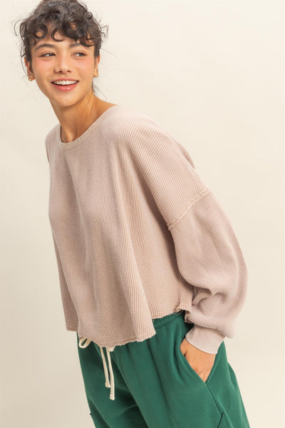 simple joys mineral wash drop shoulder waffle knit top | light taupe