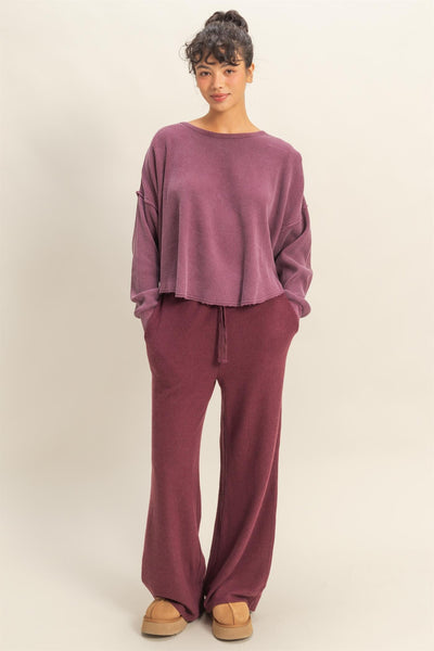 simple joys mineral wash drop shoulder waffle knit top | plum