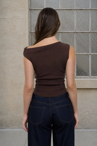 all in order asymmetric boat neck top | brown