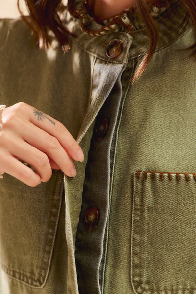 for the frill washed denim ruffle vest | lt olive + brown