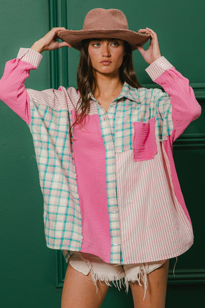 cue the drama colorblock button up | hot pink