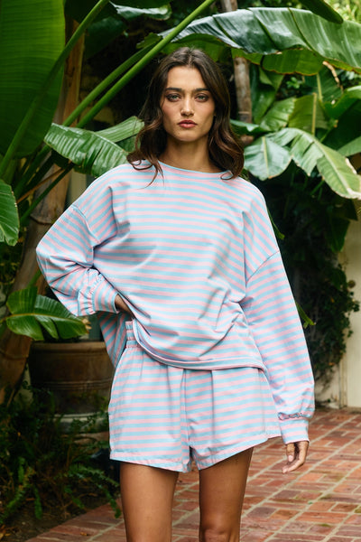 naturally easy striped oversized knit top + short set | pink + blue