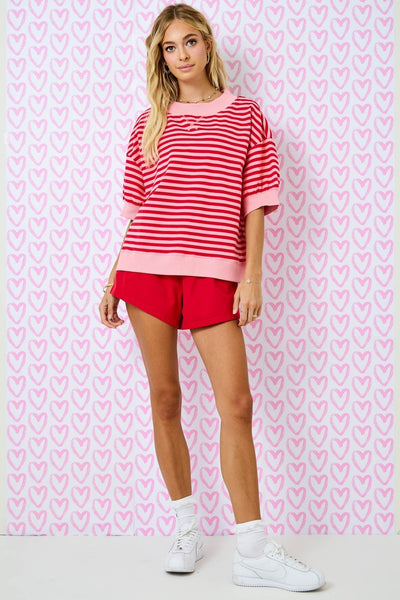 timeless type striped mock neck pullover | red + pink