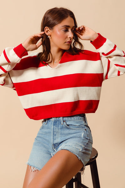 everything aligned striped knit sweater | red + ivory