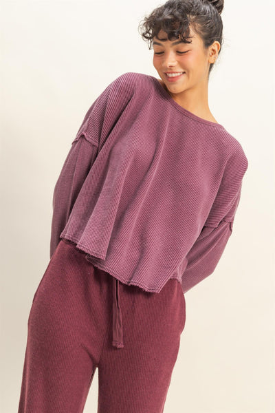 simple joys mineral wash drop shoulder waffle knit top | plum