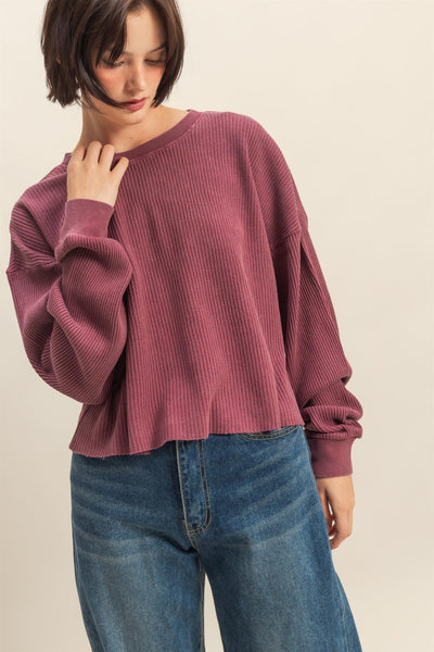 sweet applause mineral wash waffle knit top | dark cherry