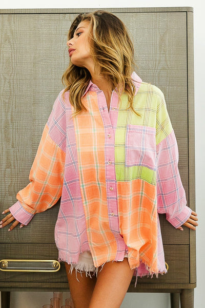 happy to be here plaid top | pink + peach + lime