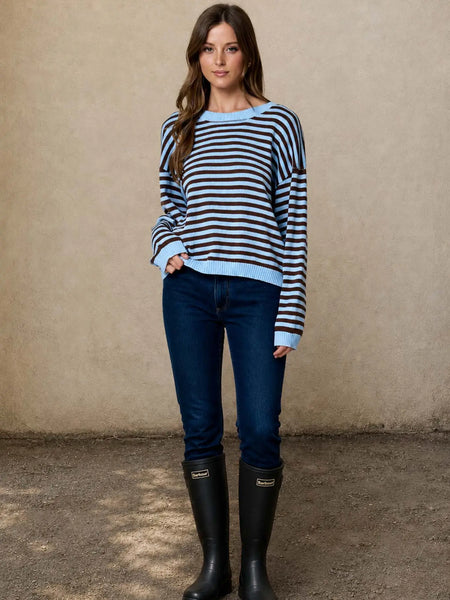 a better plan striped back button detail knit top | light blue