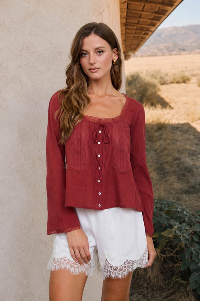 take it outside front tie lace trim top | brick