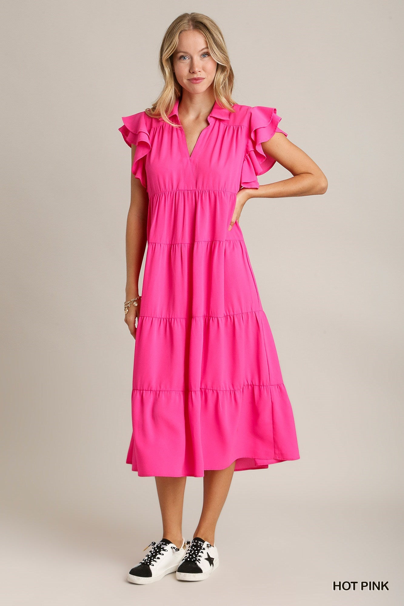 midi dress hot pink crafted perfection tiered midi dress