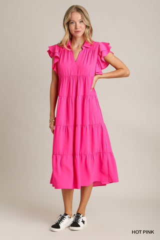 crafted perfection tiered midi dress | hot pink