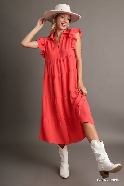crafted perfection tiered midi dress | coral pink