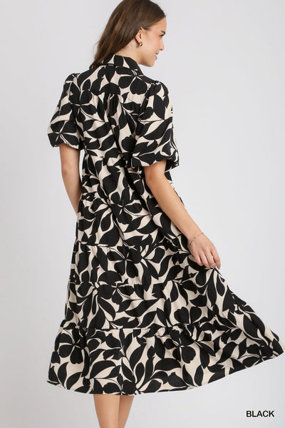 sunset steps tiered floral midi dress |  black + white