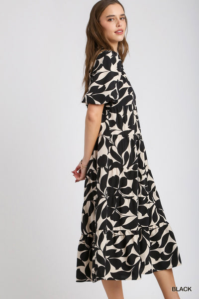 sunset steps tiered floral midi dress |  black + white