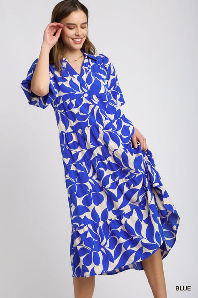 sunset steps tiered floral midi dress | blue + white