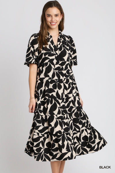 sunset steps tiered floral midi dress |  black + white