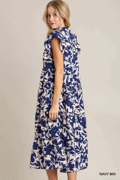 you enchant me tiered floral midi dress | navy + cream