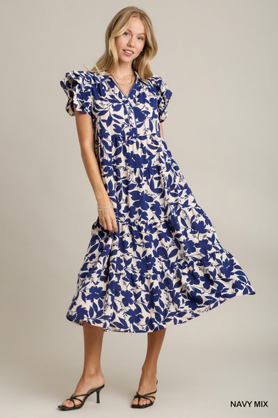 you enchant me tiered floral midi dress | navy + cream