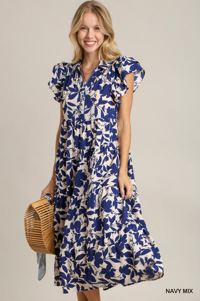 you enchant me tiered floral midi dress | navy + cream