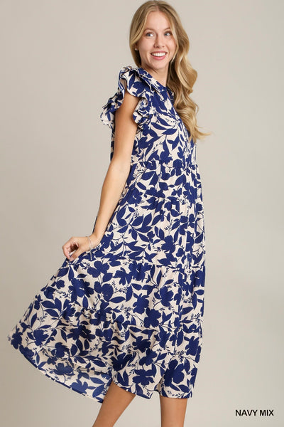 you enchant me tiered floral midi dress | navy + cream